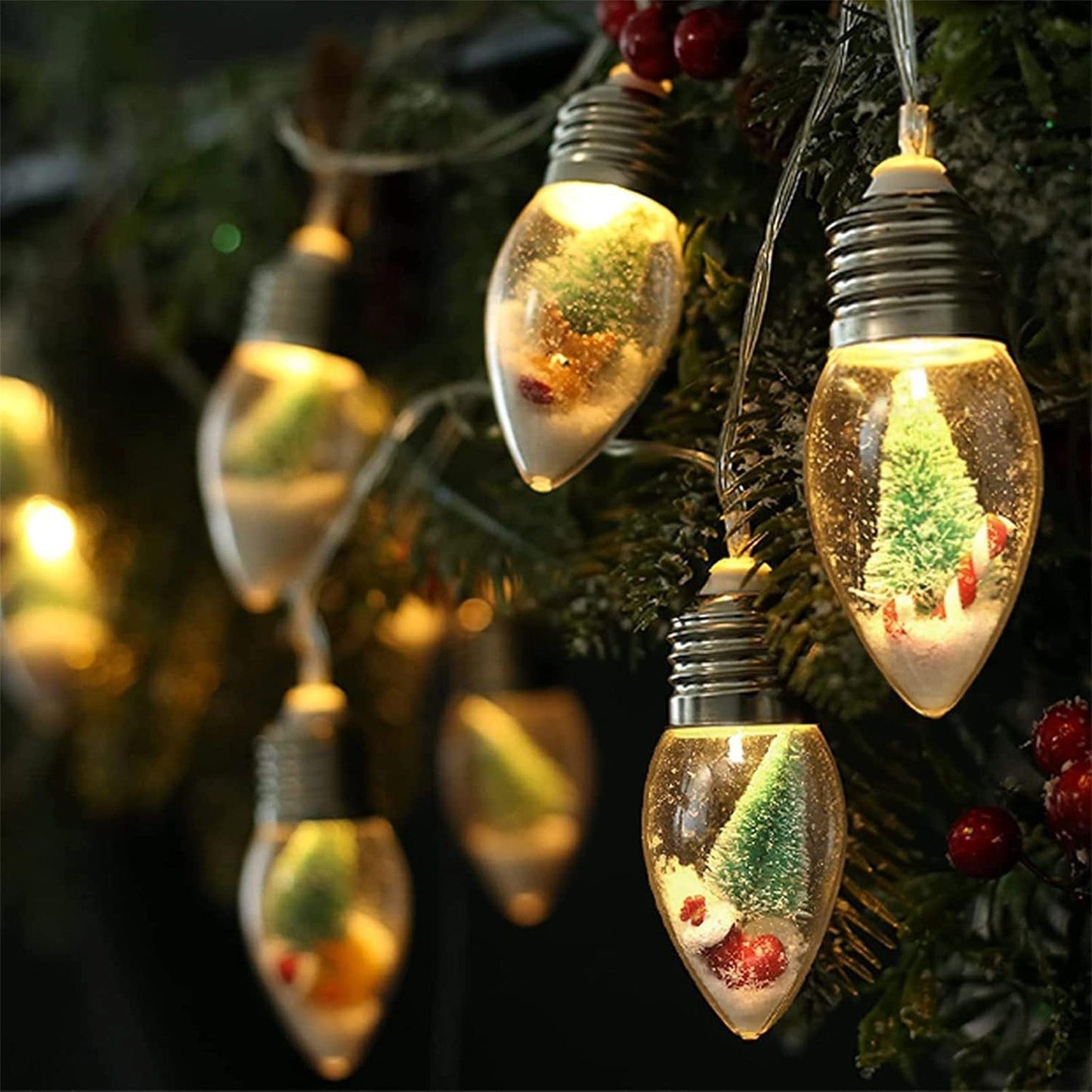 Instalatie Craciun, 10 becuri LED Snow Globe, Decor cu braduti si zapada