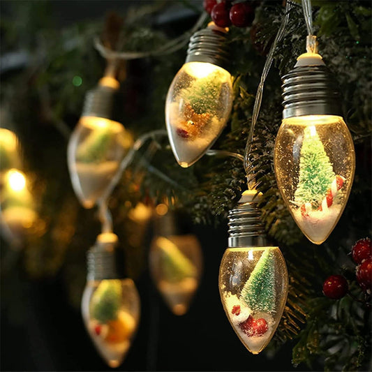 Instalatie Craciun, 10 becuri LED Snow Globe, Decor cu braduti si zapada