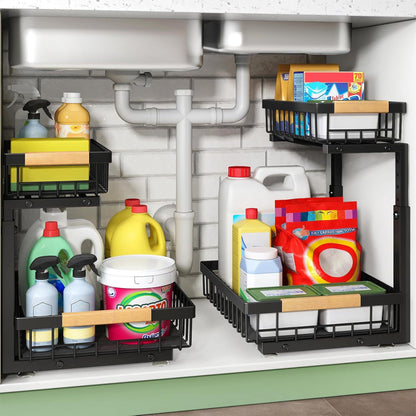 Set 2 Organizatoare Metalice cu Sertar Glisant pentru Dulap, 2 Niveluri