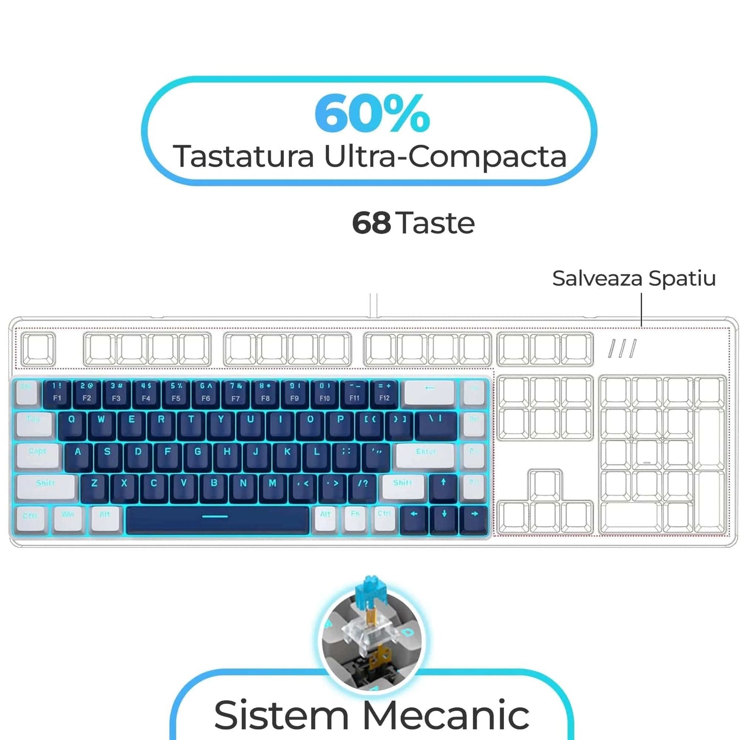Pachet Gaming Timebox, Blue Switch, 60%, Wireless, ultrausor 95g, Albastru