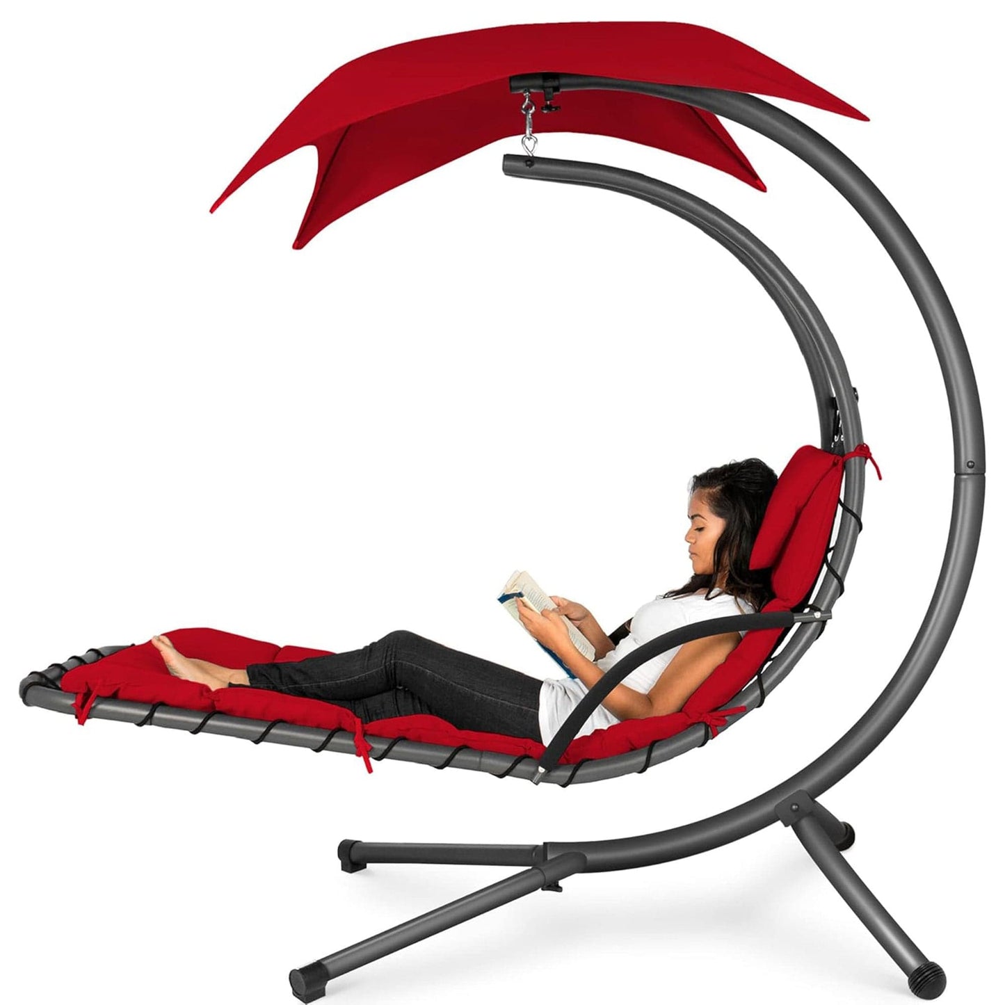 Balansoar tip Sezlong Suspendat de Exterior cu Copertina, Perna Ergonomica, Rosu