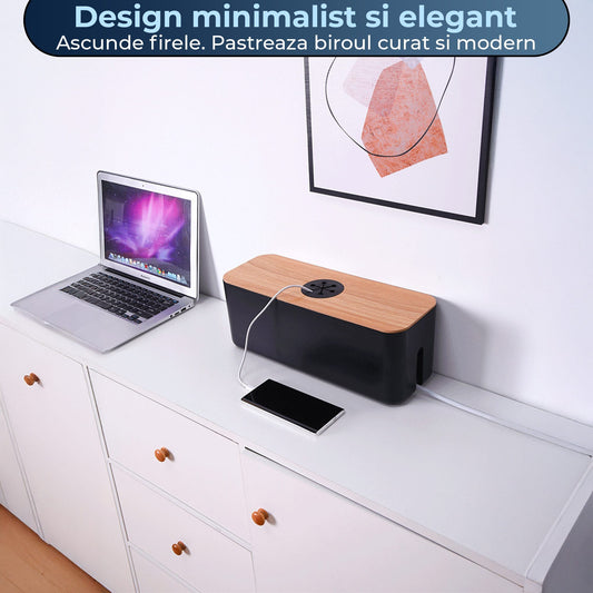 Organizator Cabluri cu Capac, Telefon, Laptop sau TV, Orificii Rotunde, Negru