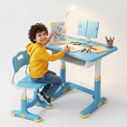 Set birou + scaun copii reglabil, 70cm, Inaltime ajustabila, Lampa LED, Albastru