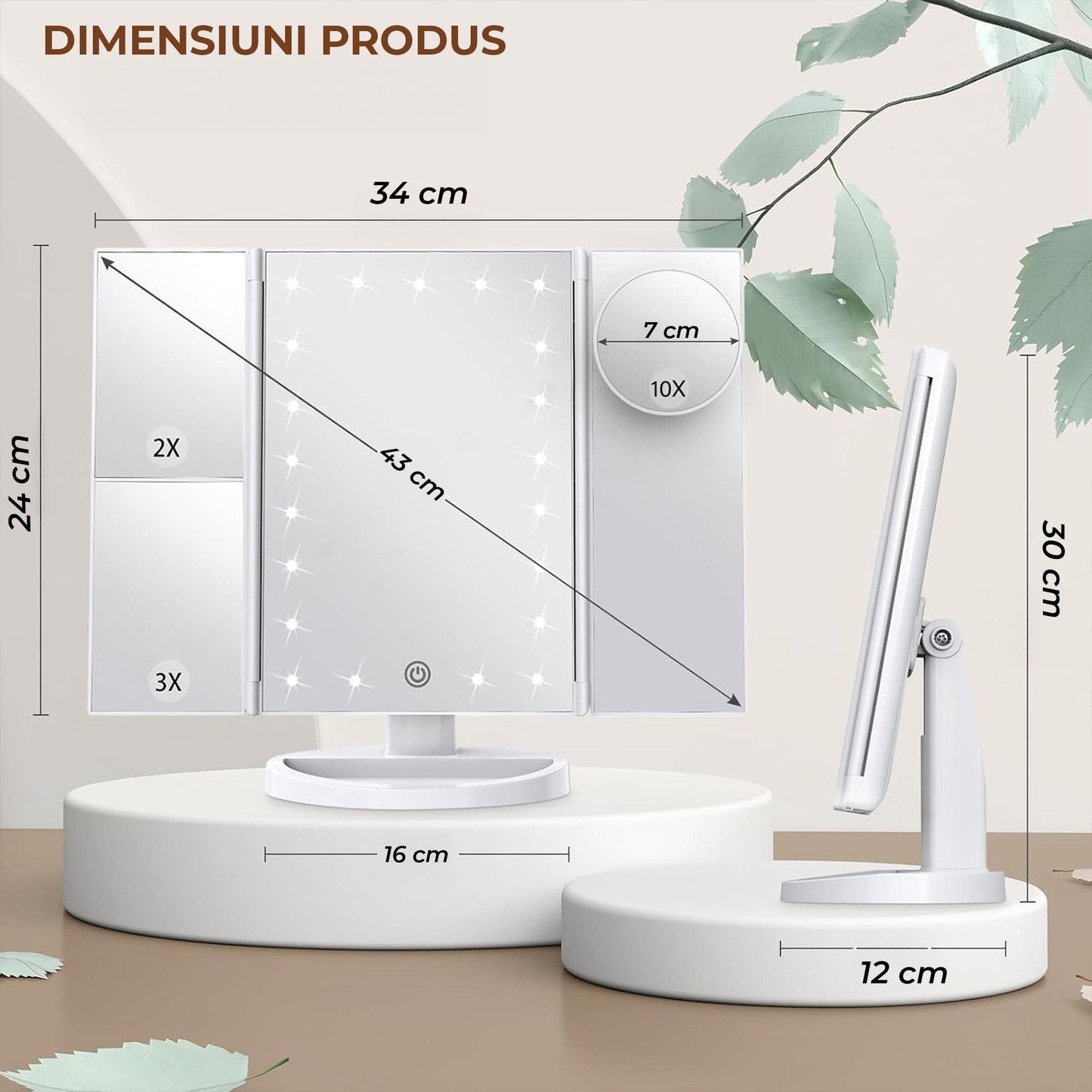 Oglinda Cosmetica cu Iluminare LED, 2X, 3X si 10X Marire, Alimentare USB sau Baterii