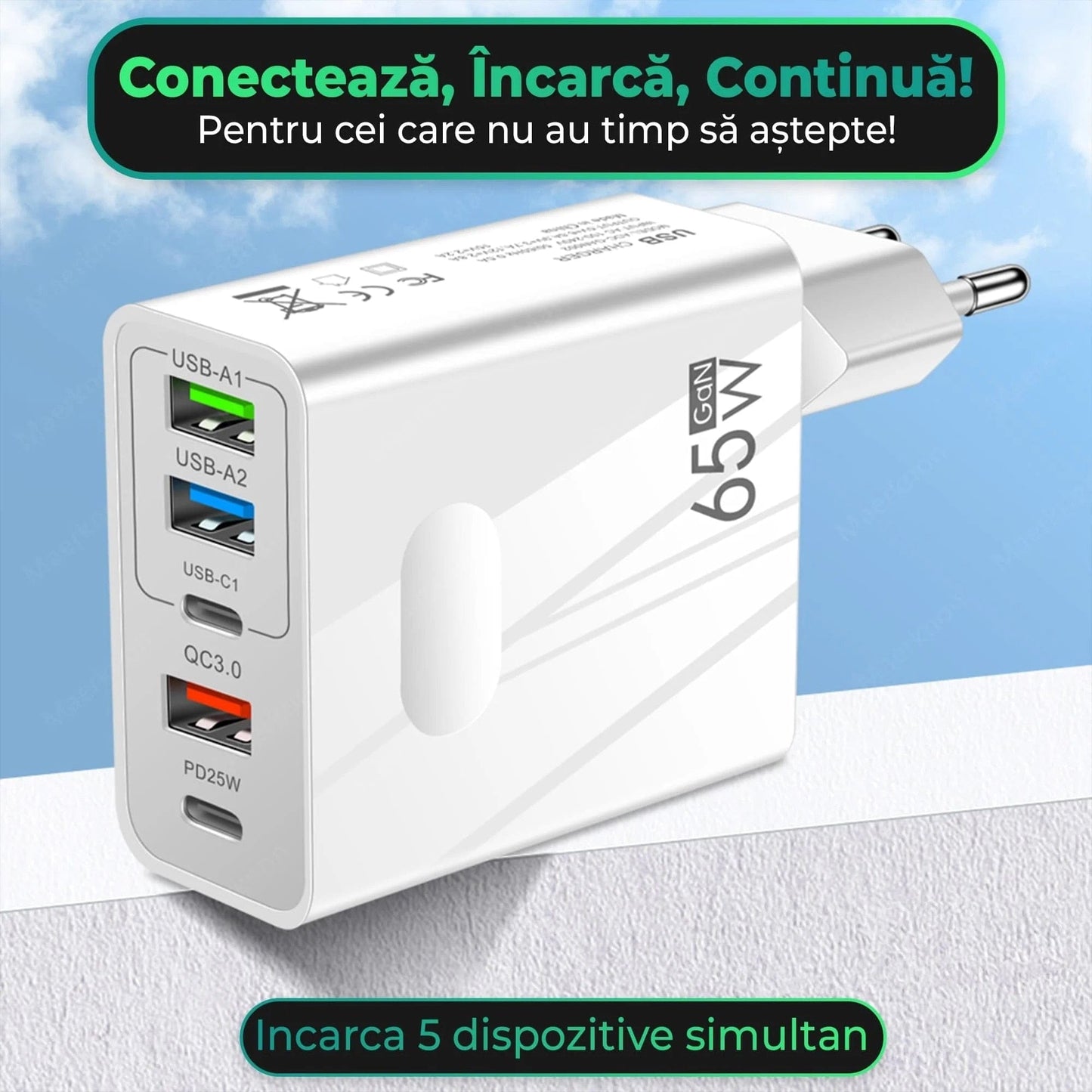 GS-814-ALB-SET -Incarcator Retea Timebox, 65W, 5 Porturi, 3 x USB, Alb