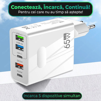 GS-814-ALB-SET -Incarcator Retea Timebox, 65W, 5 Porturi, 3 x USB, Alb