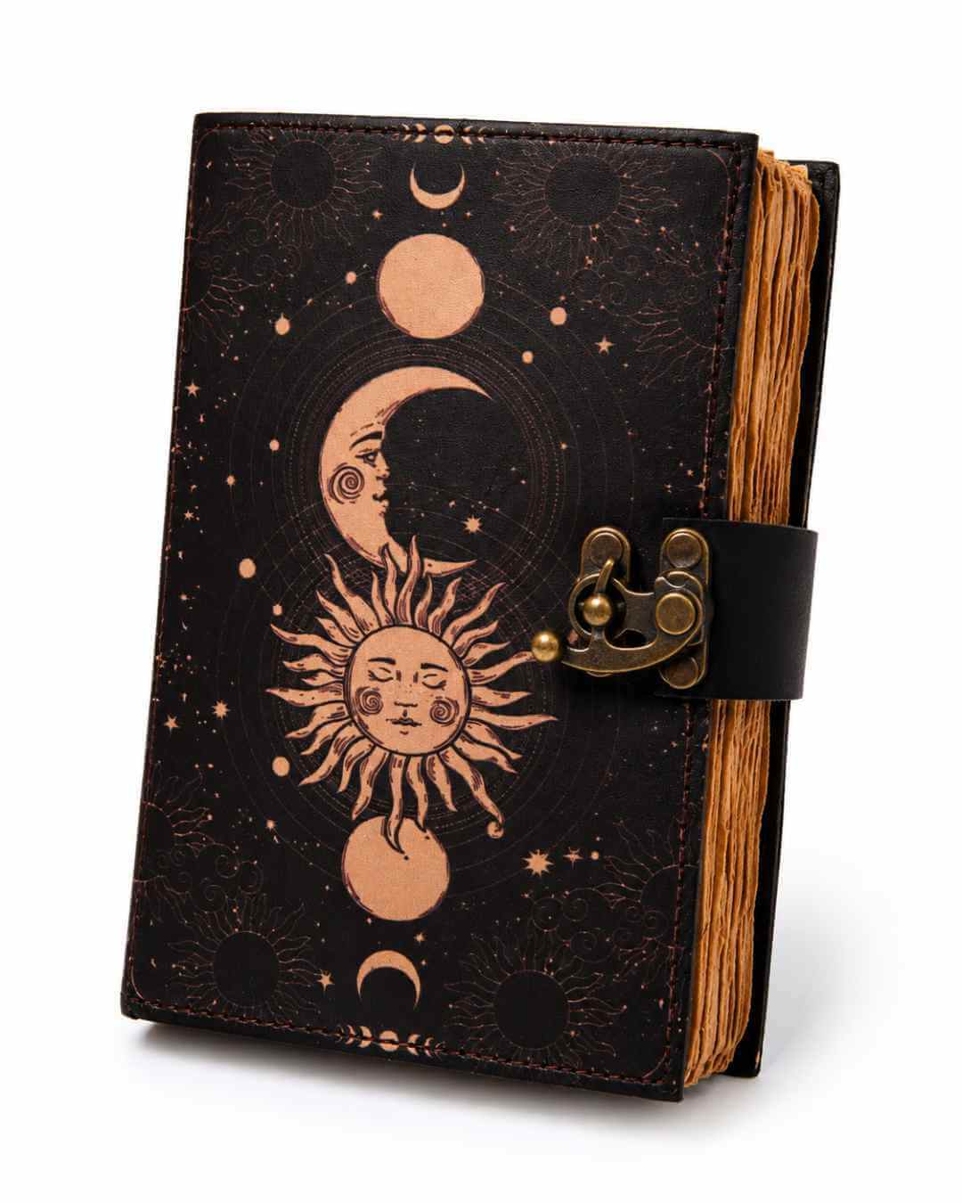 Jurnal Vintage din Piele cu Design Soare și Lună - Manual, cu Pagini de Hârtie Bumbac Galben 190-200 Pagini
