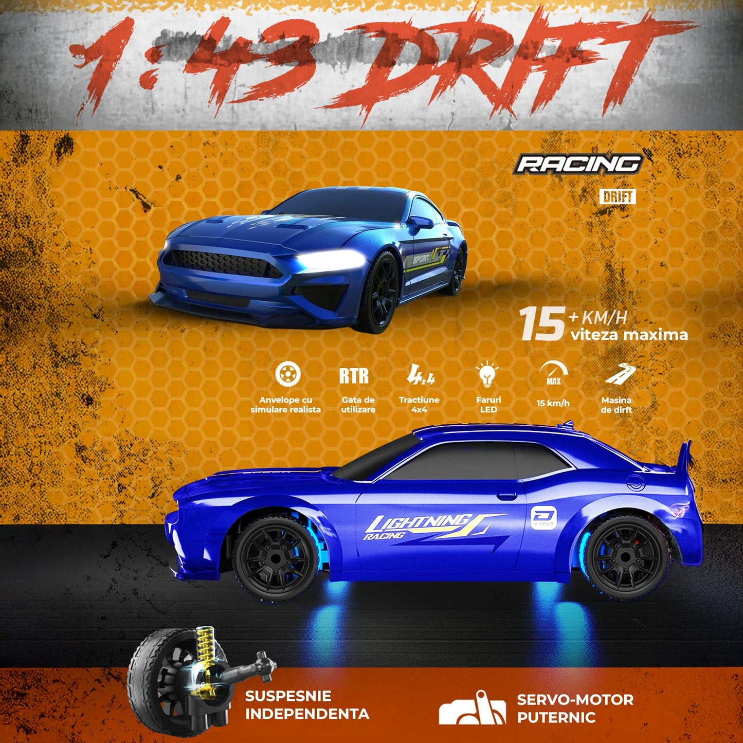 Masina RC Drift 1:43 cu Tractiune Integrala, 4 GHZ, Efecte Luminoase, Albastru