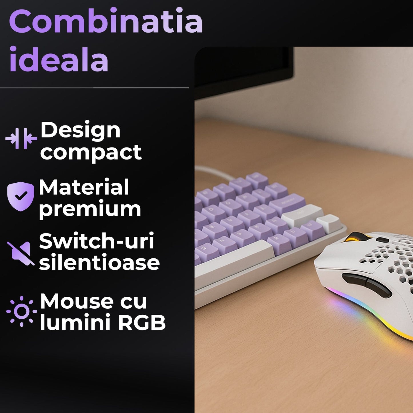 Set Tastatura Mecanica Gaming Timebox, Violet Switch, 60%, Hot-Swap, Wireless, Alb