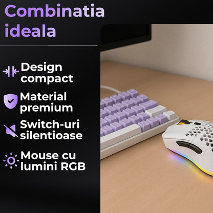 Set Tastatura Mecanica Gaming Timebox, Violet Switch, 60%, Hot-Swap, Wireless, Alb