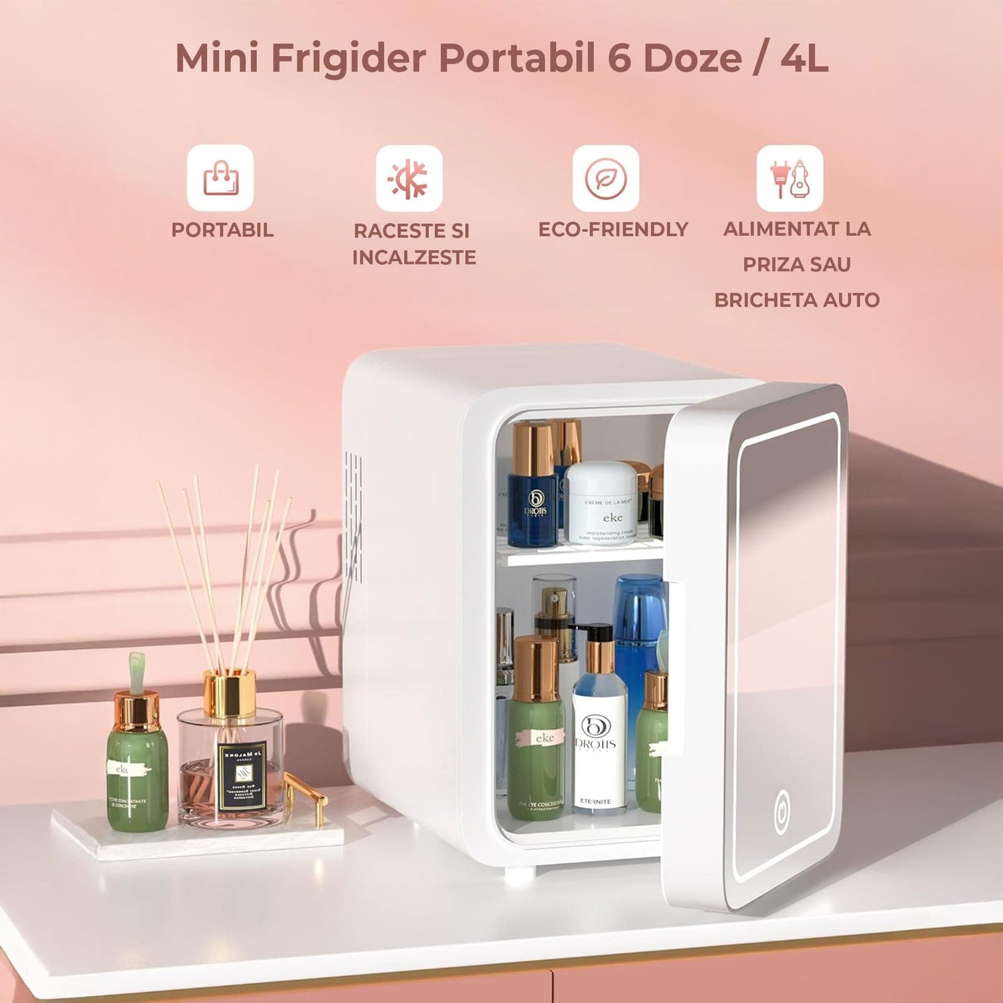 Mini Frigider Cosmetice cu Oglinda LED Reglabila, Alb
