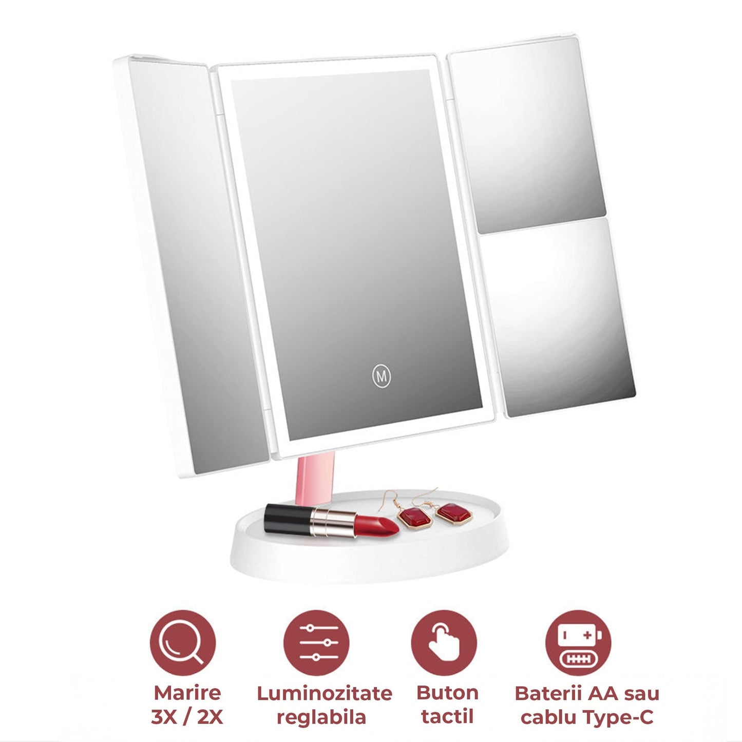 Oglinda Cosmetica Pliabila cu Iluminare LED, Trifold cu Marire 1X/2X/3X