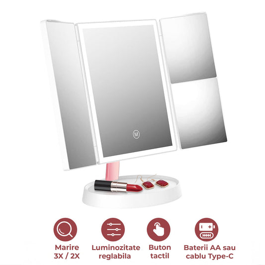 Oglinda Cosmetica Pliabila cu Iluminare LED, Trifold cu Marire 1X/2X/3X