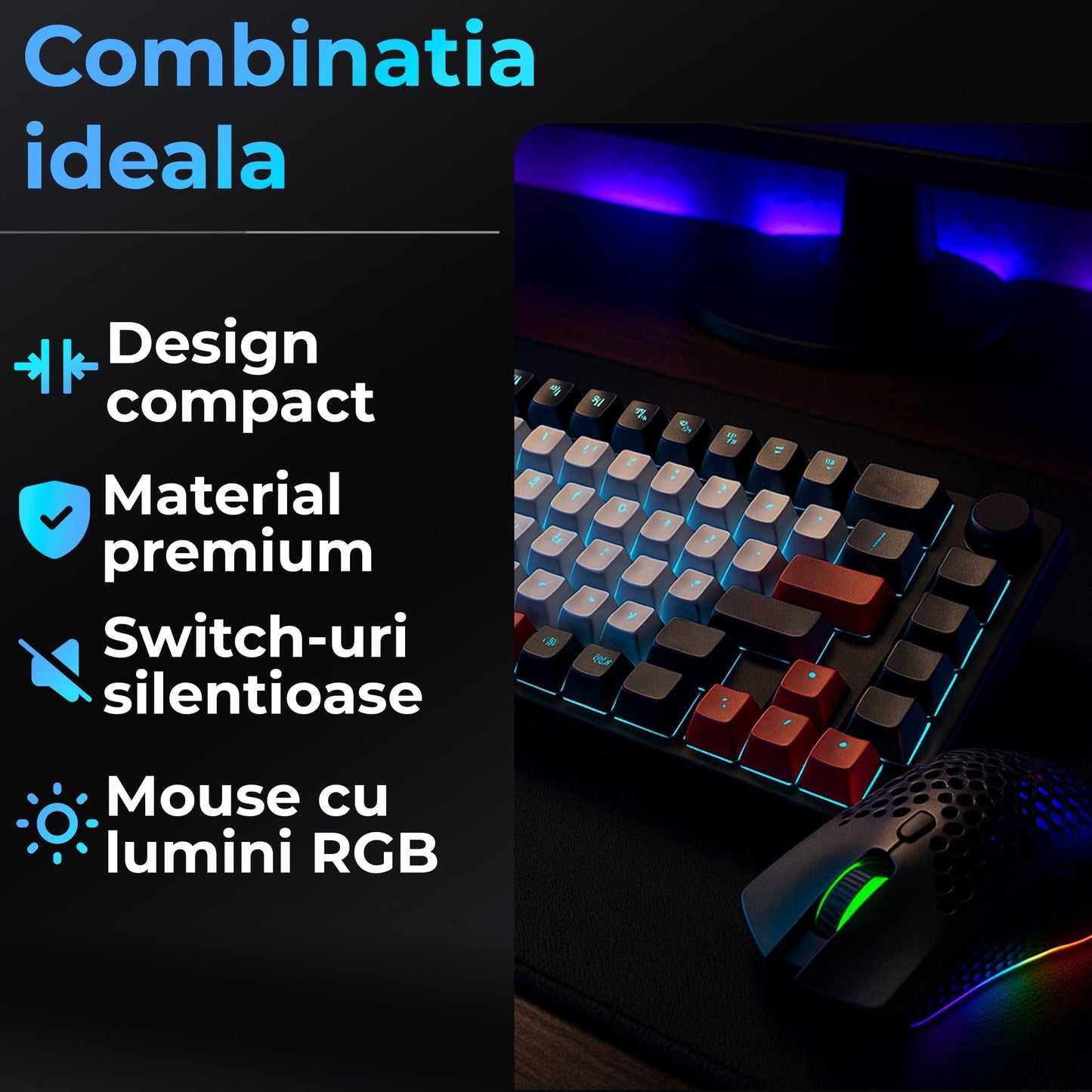 Set Gaming Timebox, Red Switch, 75%, Wireless, Tastatura Mecanica Gaming, Negru