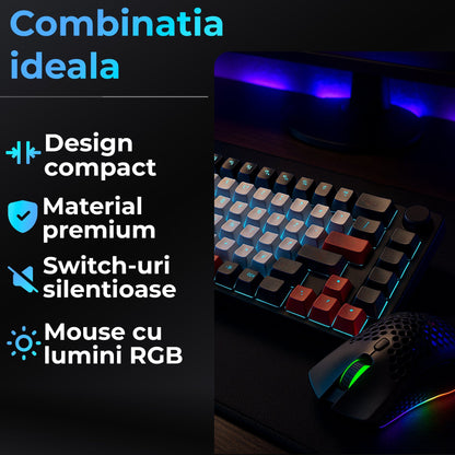 Set Gaming Timebox, Red Switch, 75%, Wireless, Tastatura Mecanica Gaming, Negru