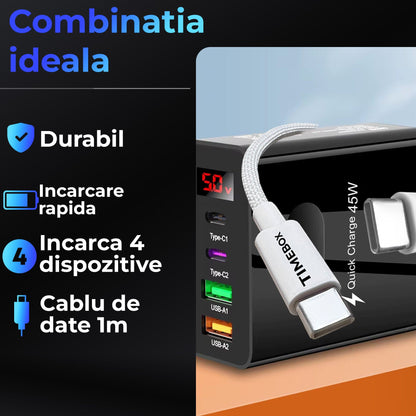 Incarcator Retea Timebox, 45W, cu 4 Porturi, 2 x Type-C si 2 x USB, Negru