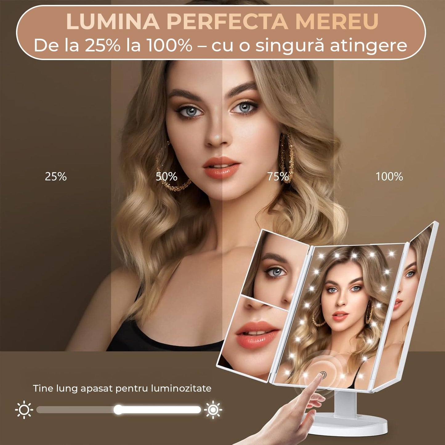 Oglinda Cosmetica cu Iluminare LED, 2X, 3X si 10X Marire, Alimentare USB sau Baterii