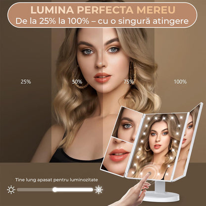 Oglinda Cosmetica cu Iluminare LED, 2X, 3X si 10X Marire, Alimentare USB sau Baterii
