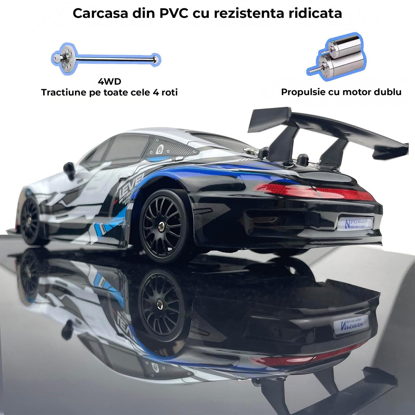 Masina RC cu Telecomanda Timebox, Drift Car 1:24, 4WD, 20km/h, LED-uri, Gri