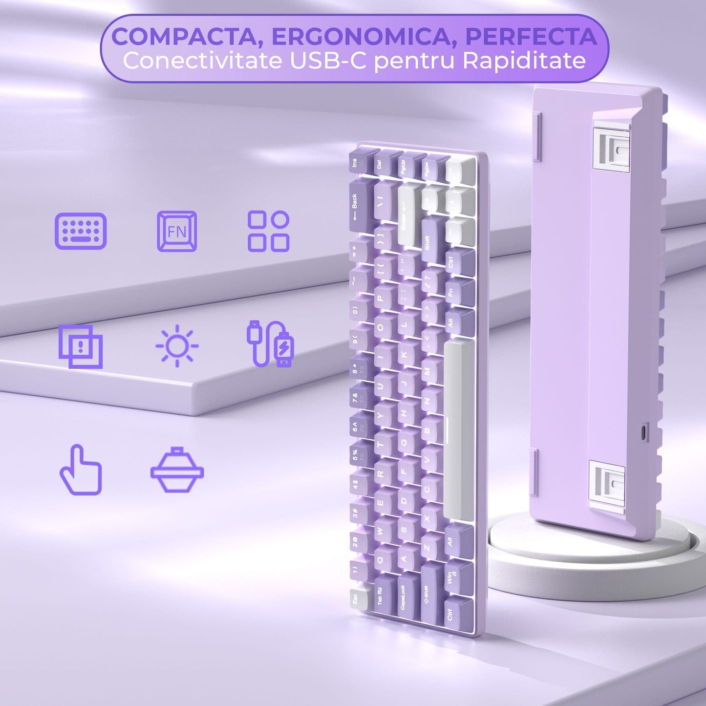 Tastatura Mecanica Gaming Timebox, Red Switch, 60%, Hot-Swap, Violet