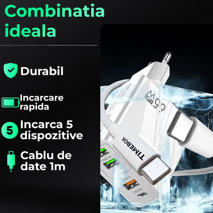 GS-814-ALB-SET -Incarcator Retea Timebox, 65W, 5 Porturi, 3 x USB, Alb