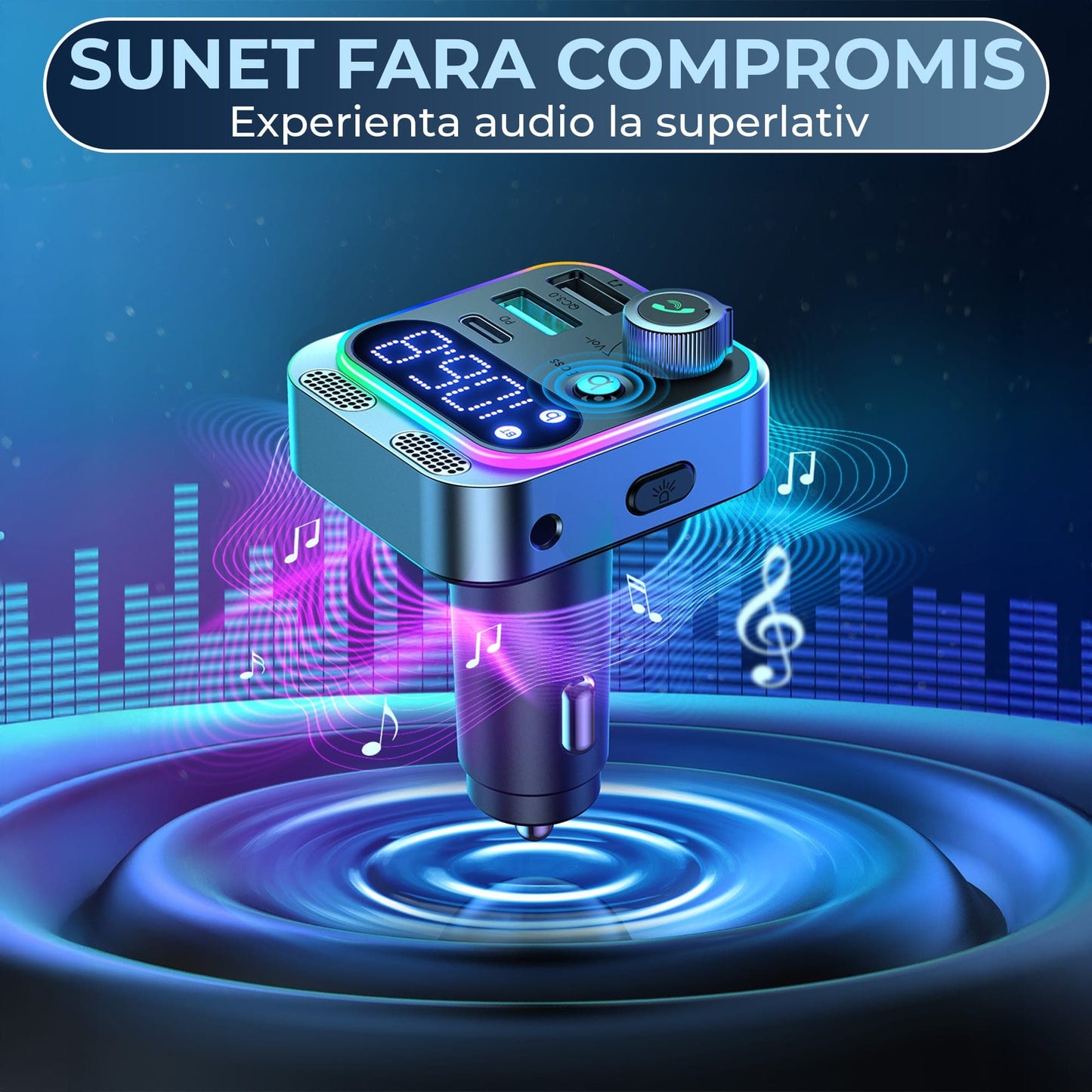 Modulator FM Auto Bluetooth 5 Timebox, Microfoane Duale, Negru