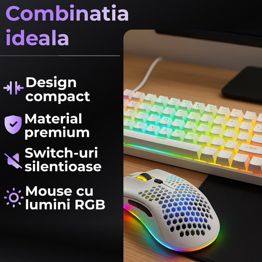 Set Gaming Timebox, Red Swtich, 60%, Wireless, : Tastatura Mecanica Gaming, Alb