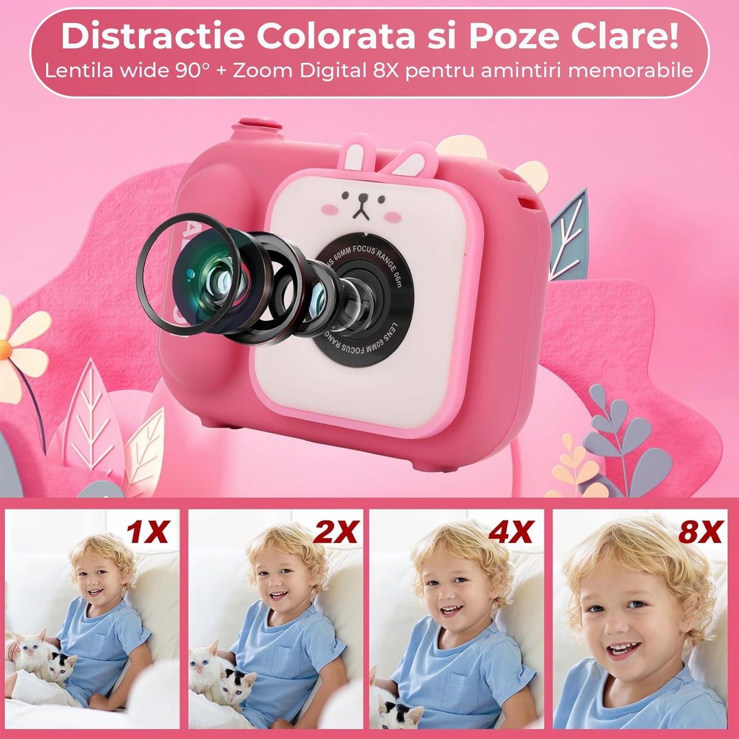 Camera Video Digitala pentru Copii cu Ecran Mare 2, Card 32GB, Roz
