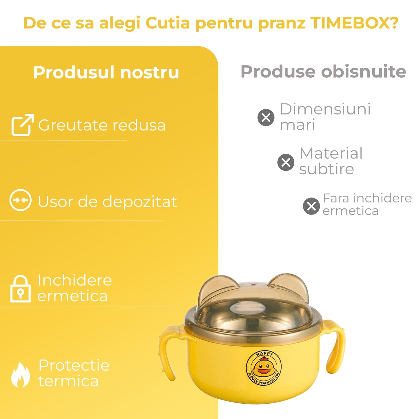 Set Vesela Copii Inox Timebox, Bol Cana Tacamuri, Saculet Inclus, Galben