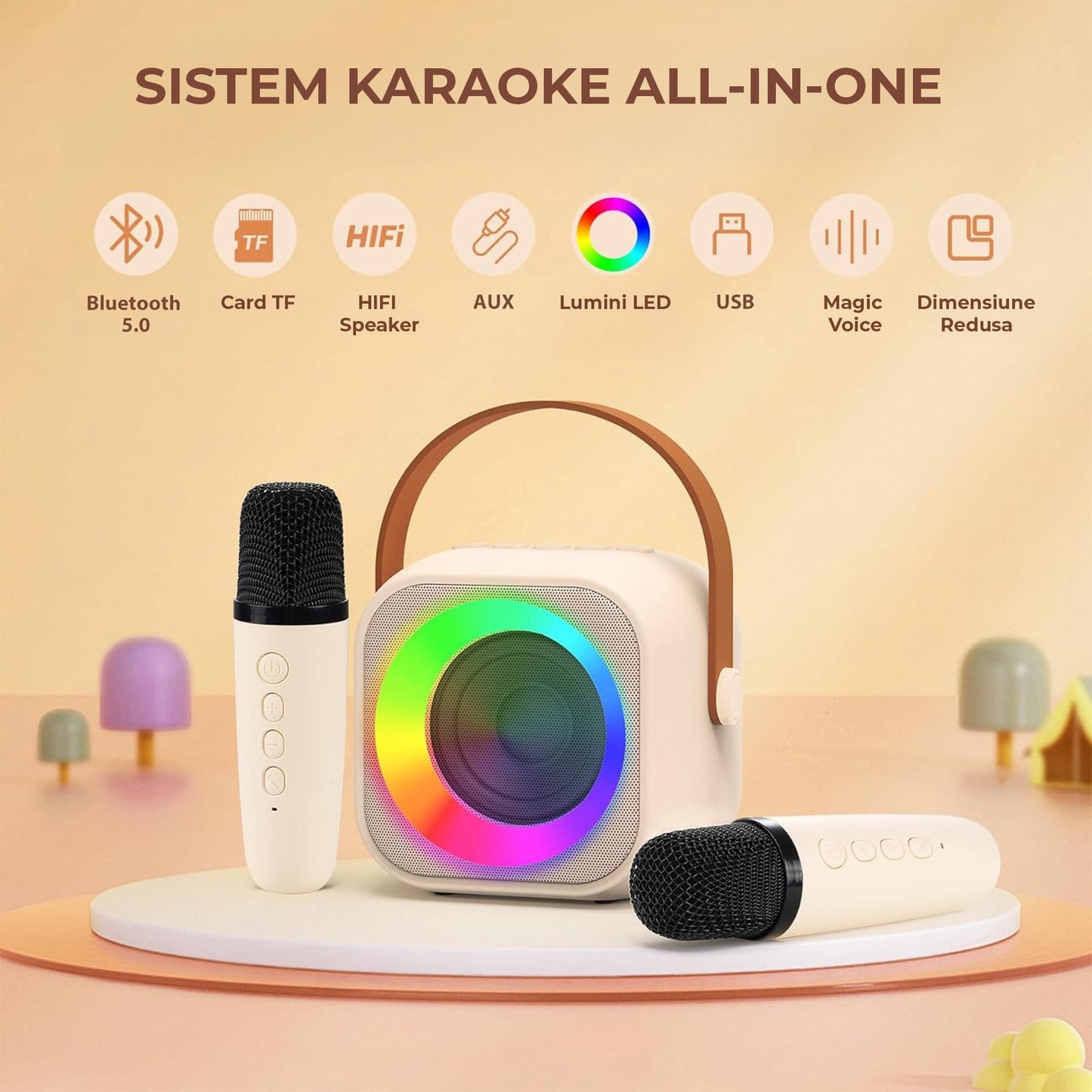 Set Boxa Bluetooth 5, 0 Karaoke Cu 2 Microfoane Wireless, Multi-Functionala, Bej