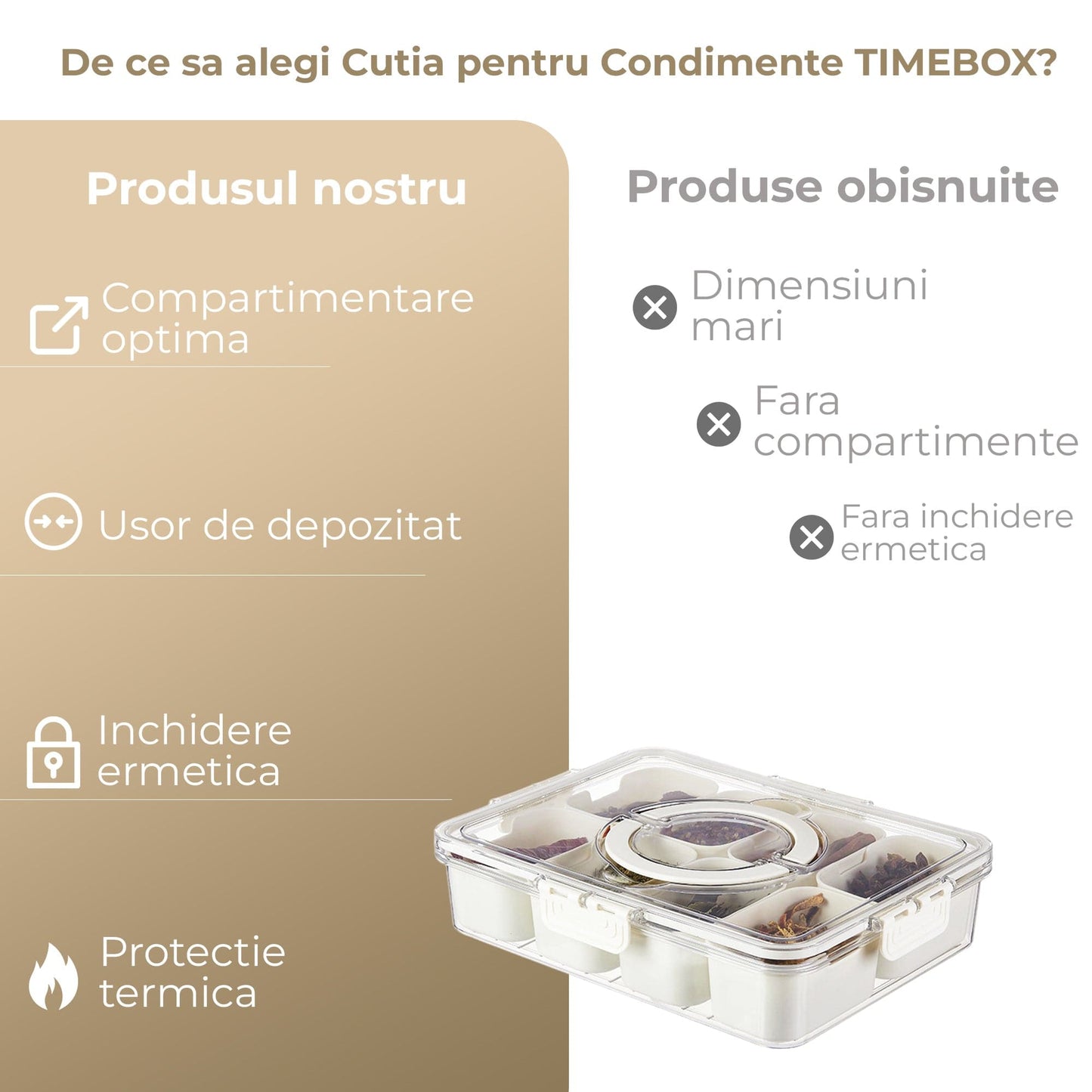 Cutie Alimentara 8 Compartimente Timebox, Etansa 800-1000Ml, Capac Sigur, Bej