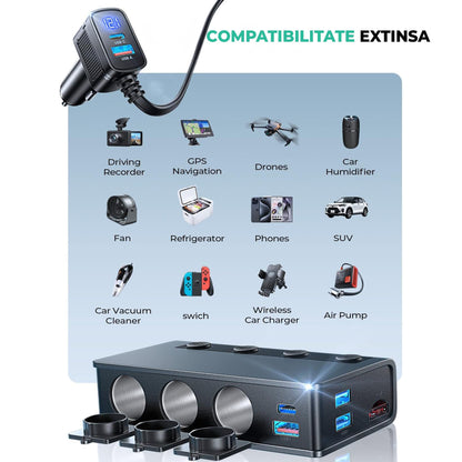 Adaptor pentru bricheta auto Timebox, 9 in 1, 3 x soclu auto, Negru
