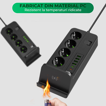 Priza Timebox, standard cu comutator 3000W, 4 x USB, 2 x Type-C, 4 prize, Negru