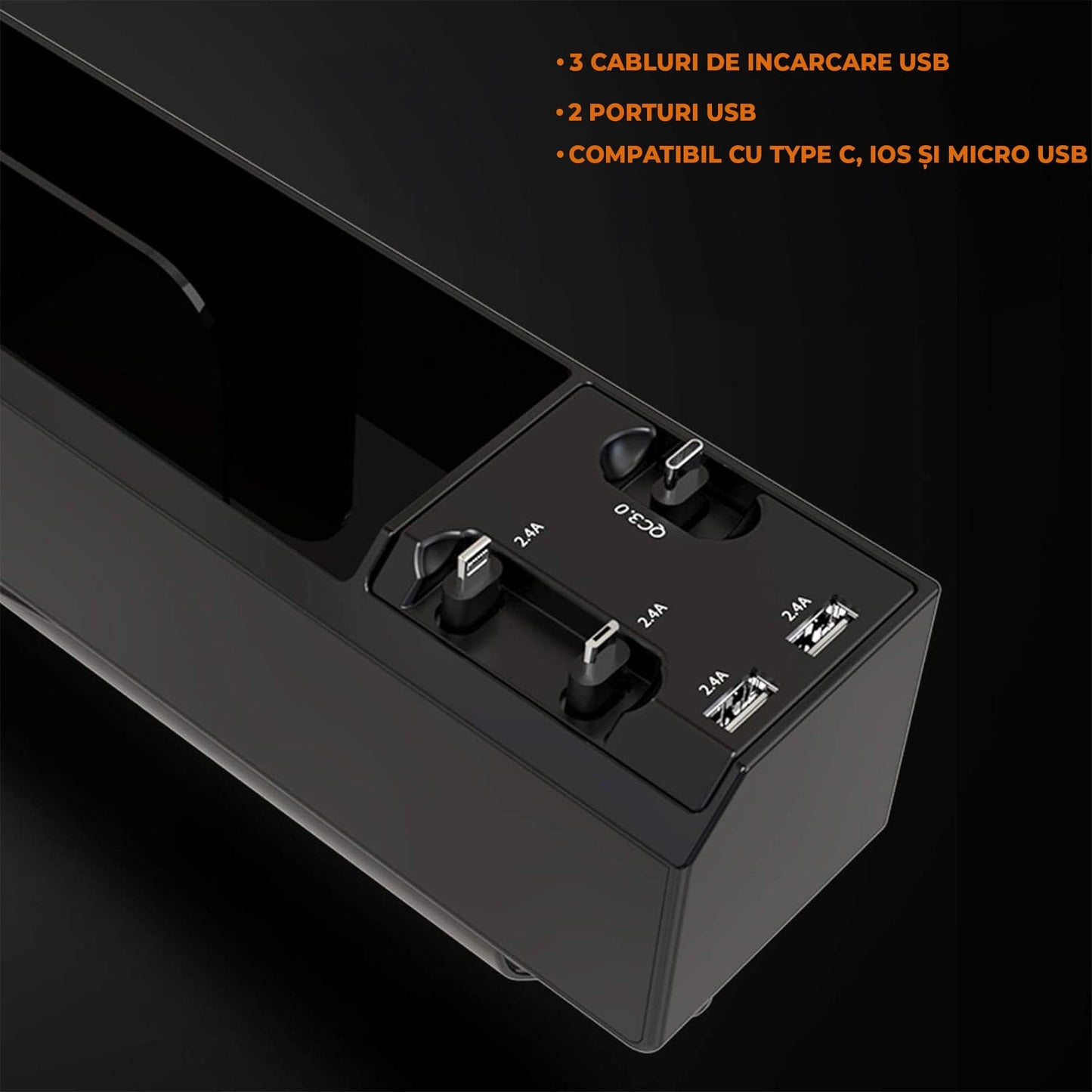 Organizator masina Timebox, Cablu integrat USB-C, Lightning, Micro-USB, Negru
