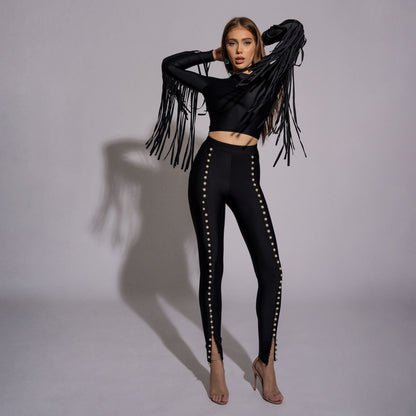 Bluza dama neagra modelatoare cu spate gol si franjuri