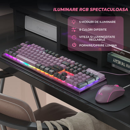 Kit Gaming Timebox, 8 Culori RGB, Lumina Reglabilă, Ergonomic, Mov