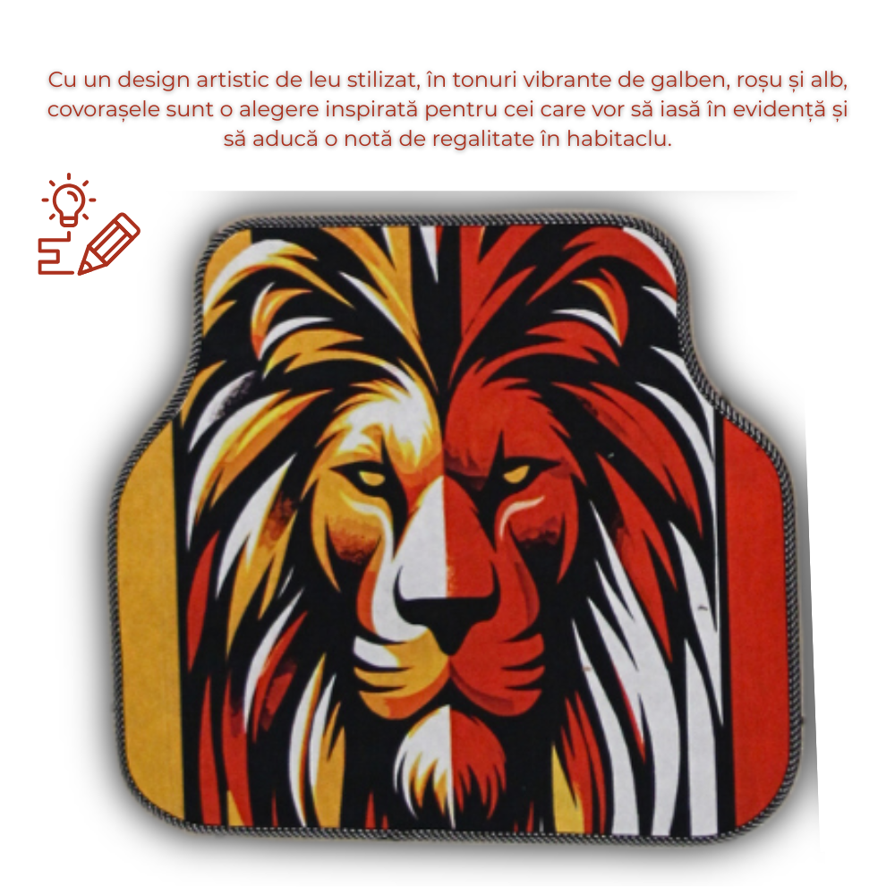 Covorase Auto Universale “Lion Power” – Design Tribal Rosu-Galben