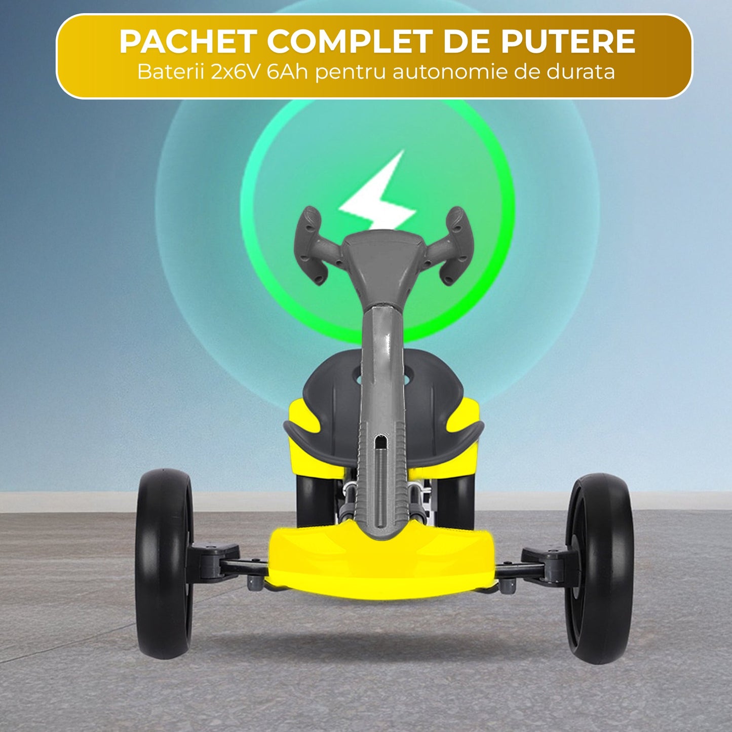 Kart electric copii, 4 roti, Pliabil si usor de montat, Scaun ergonomic, Galben