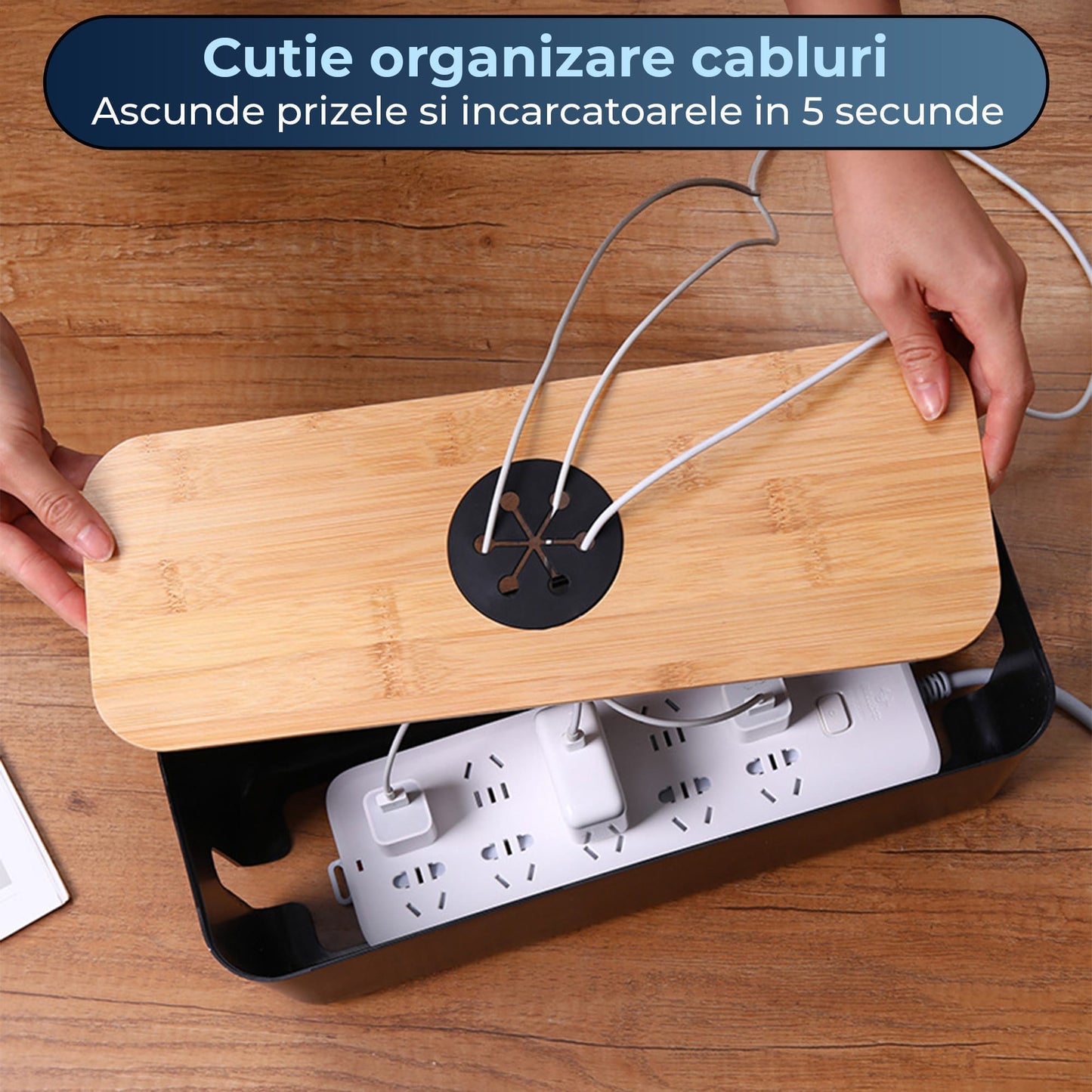 Organizator Cabluri cu Capac, Telefon, Laptop sau TV, Orificii Rotunde, Negru