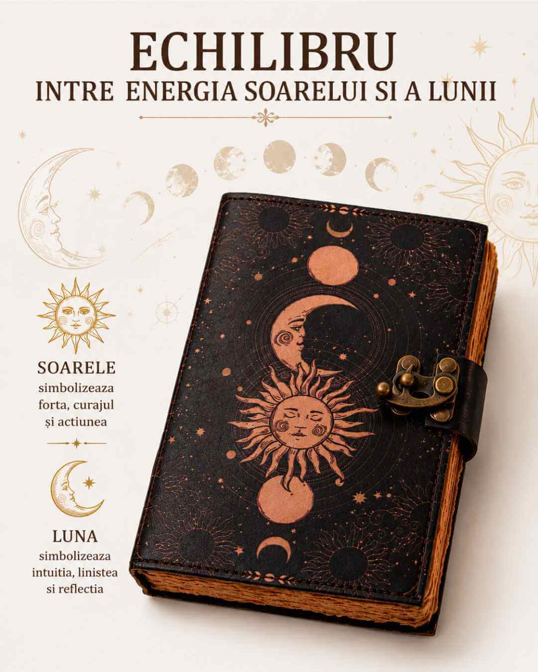Jurnal Vintage din Piele cu Design Soare și Lună - Manual, cu Pagini de Hârtie Bumbac Galben 190-200 Pagini