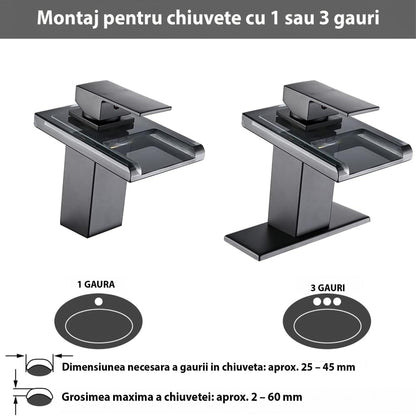 Baterie Chiuveta Baie cu LED si Efect de Cascada, Gura din Sticla, Negru Mat