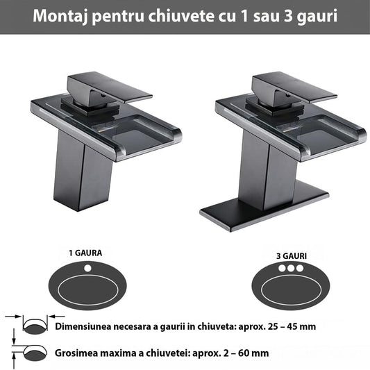 Baterie Chiuveta Baie cu LED si Efect de Cascada, Gura din Sticla, Negru Mat