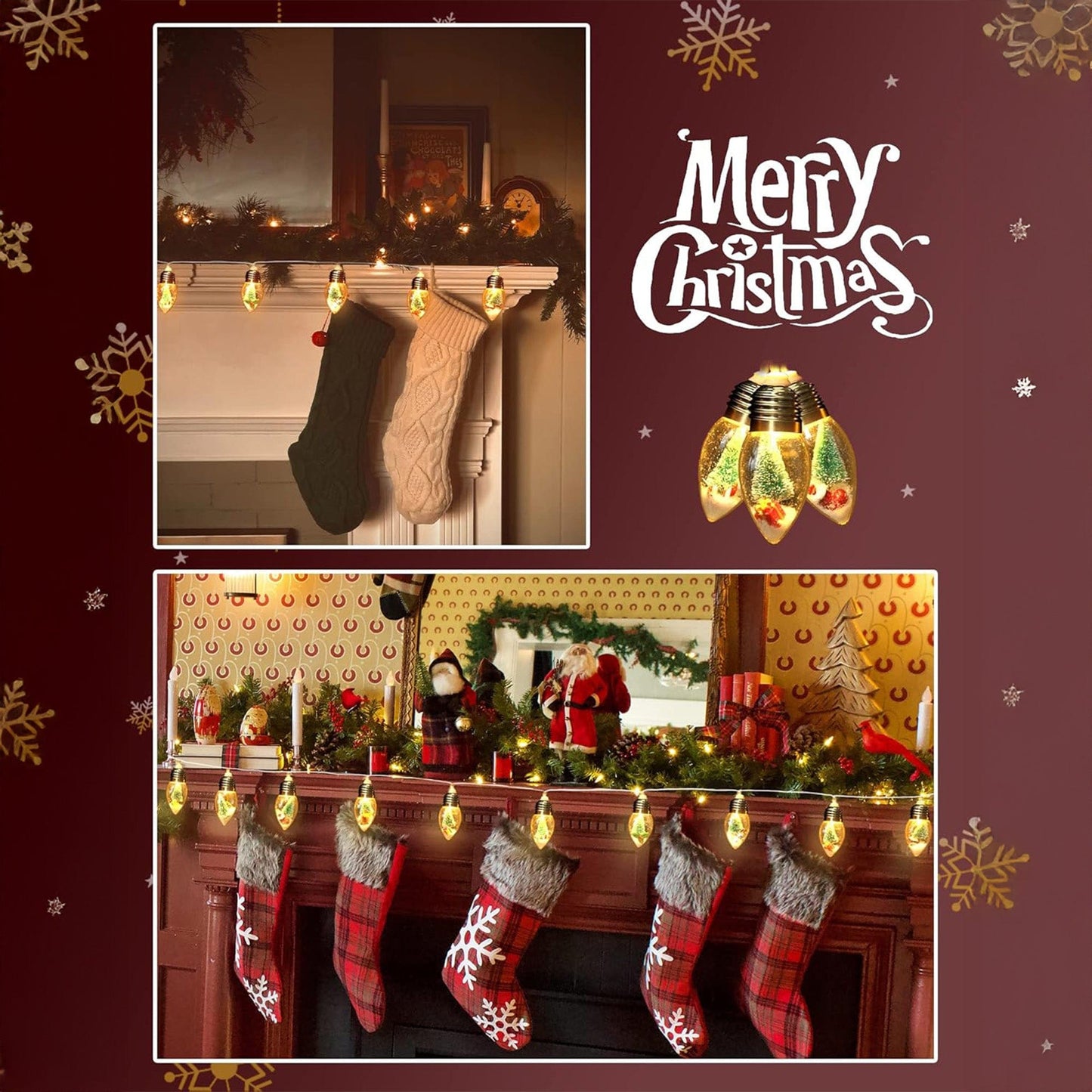 Instalatie Craciun, 10 becuri LED Snow Globe, Decor cu braduti si zapada