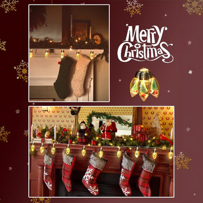 Instalatie Craciun, 10 becuri LED Snow Globe, Decor cu braduti si zapada