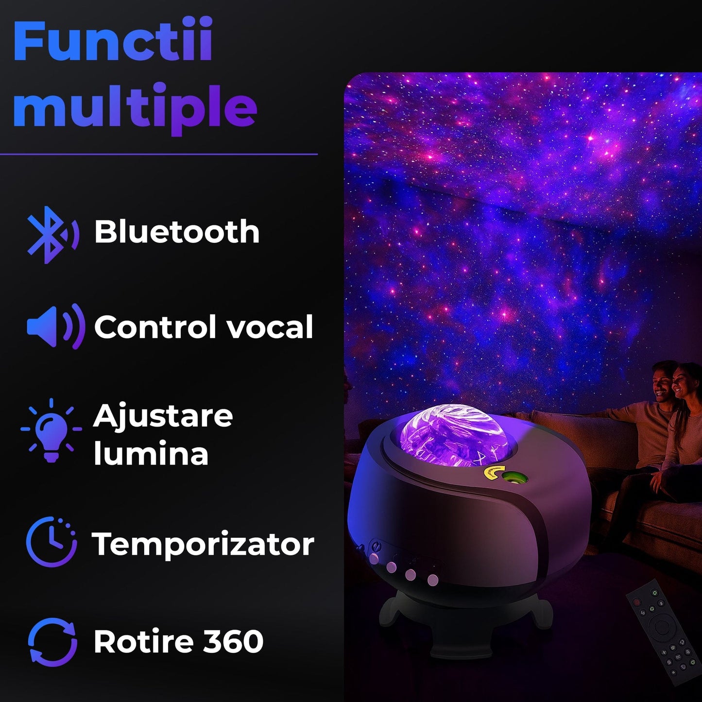 Lampa de veghe tip proiector stele Timebox, galaxii pentru camera, Negru