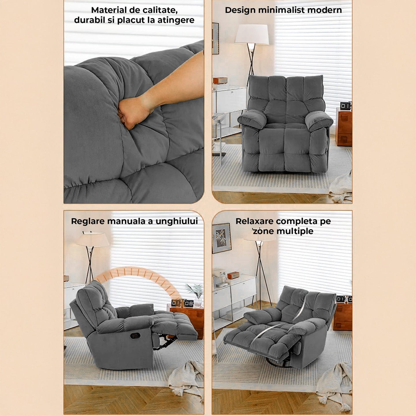 Fotoliu Recliner Modern, Inclinare in diferite Unghiuri, Gri