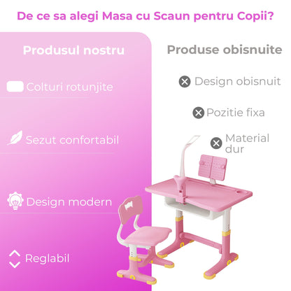 Set Birou Copii + Scaun, Reglabil 6-18 ani, Blat 70x45 cm, Roz