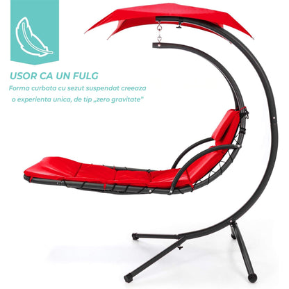 Balansoar tip Sezlong Suspendat de Exterior cu Copertina, Perna Ergonomica, Rosu