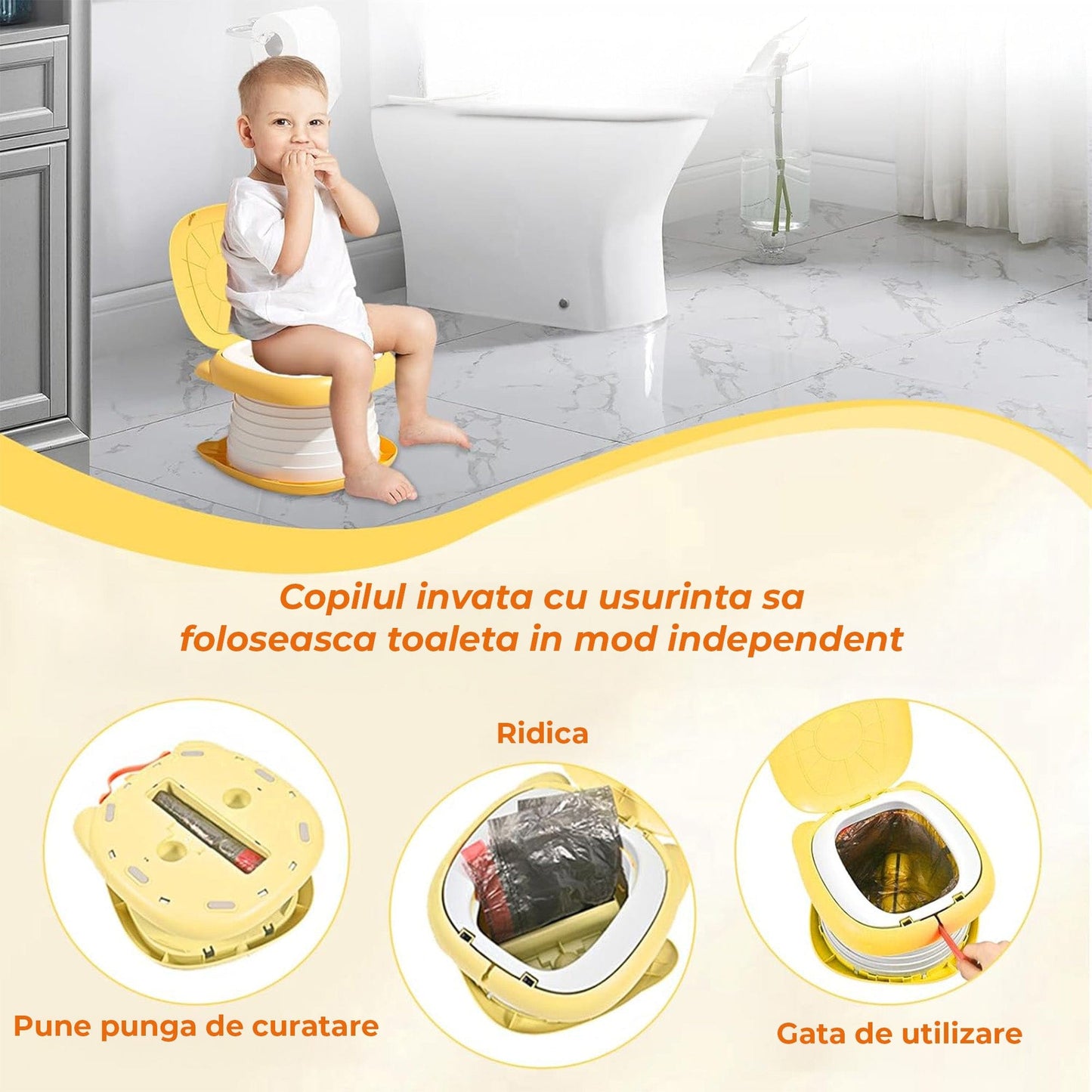Toaleta Portabila Pliabila pentru Copii, WC de Calatorie, Galben