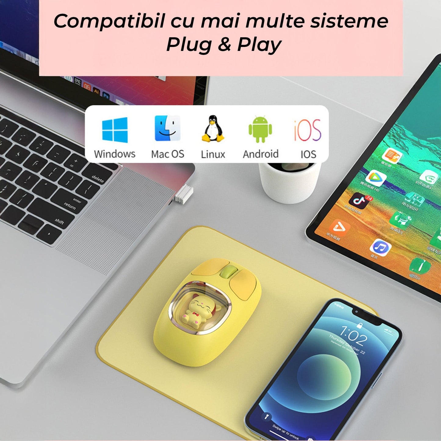 Mouse wireless Timebox, 1600 DPI, 4G + Bluetooth, Silentios, Galben